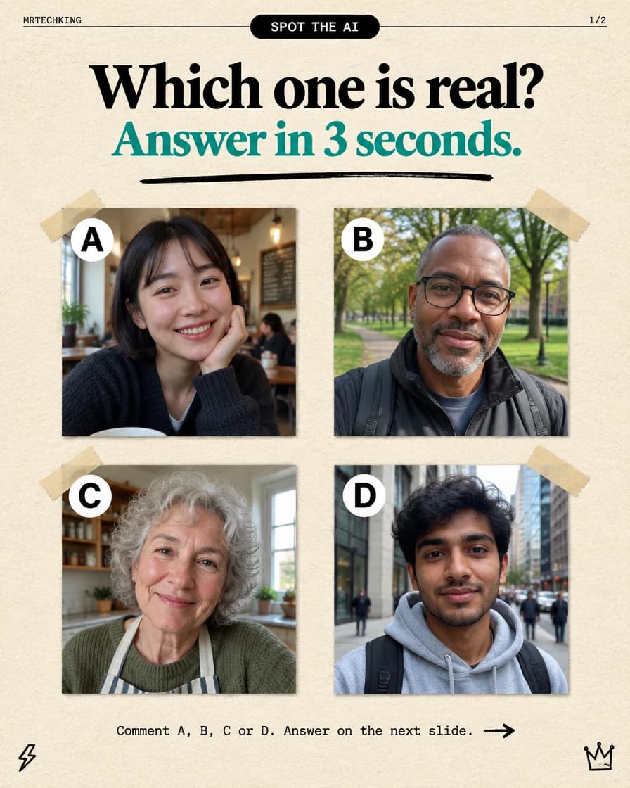 Four portrait photos labelled A to D with the question: which one is real?