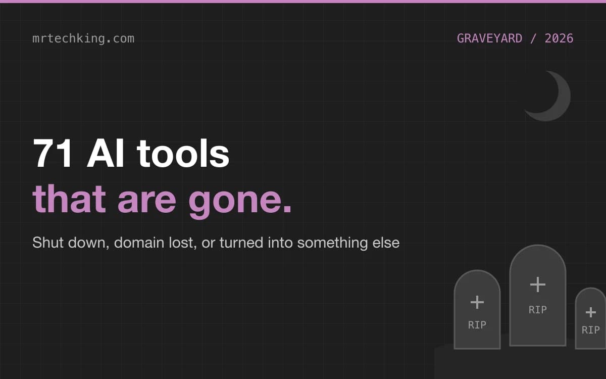 The AI Graveyard: 71 AI tools gone in 2026, with three tombstones under a moon