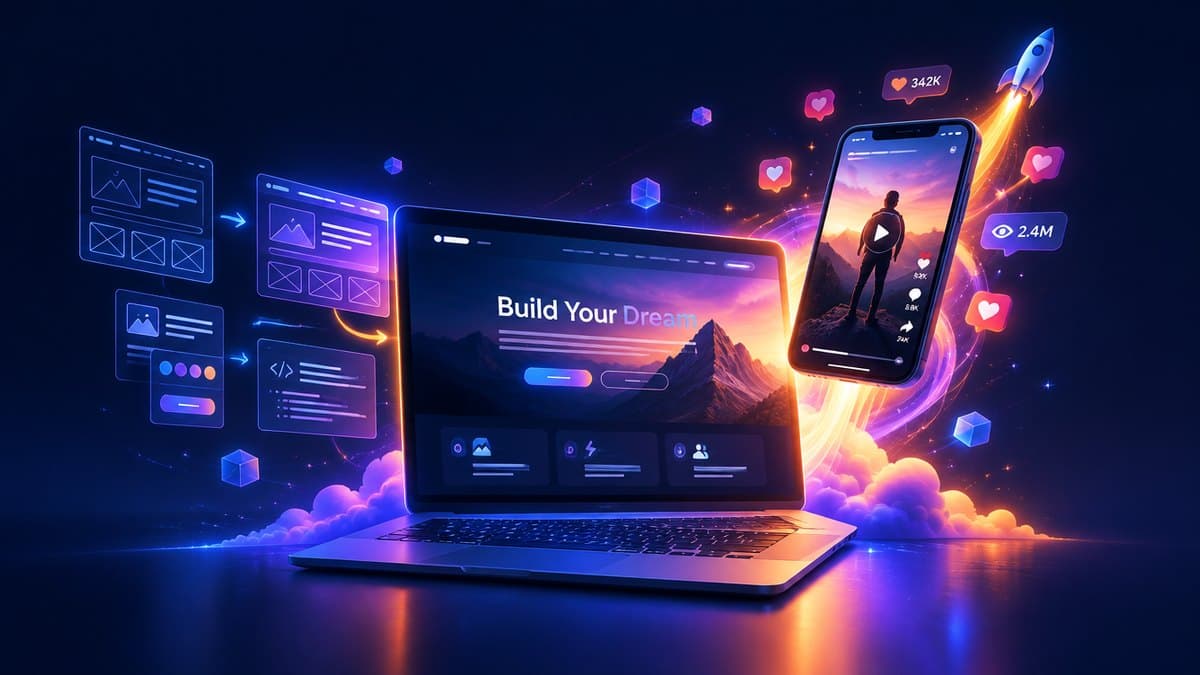A laptop building a website while a phone launches a viral video