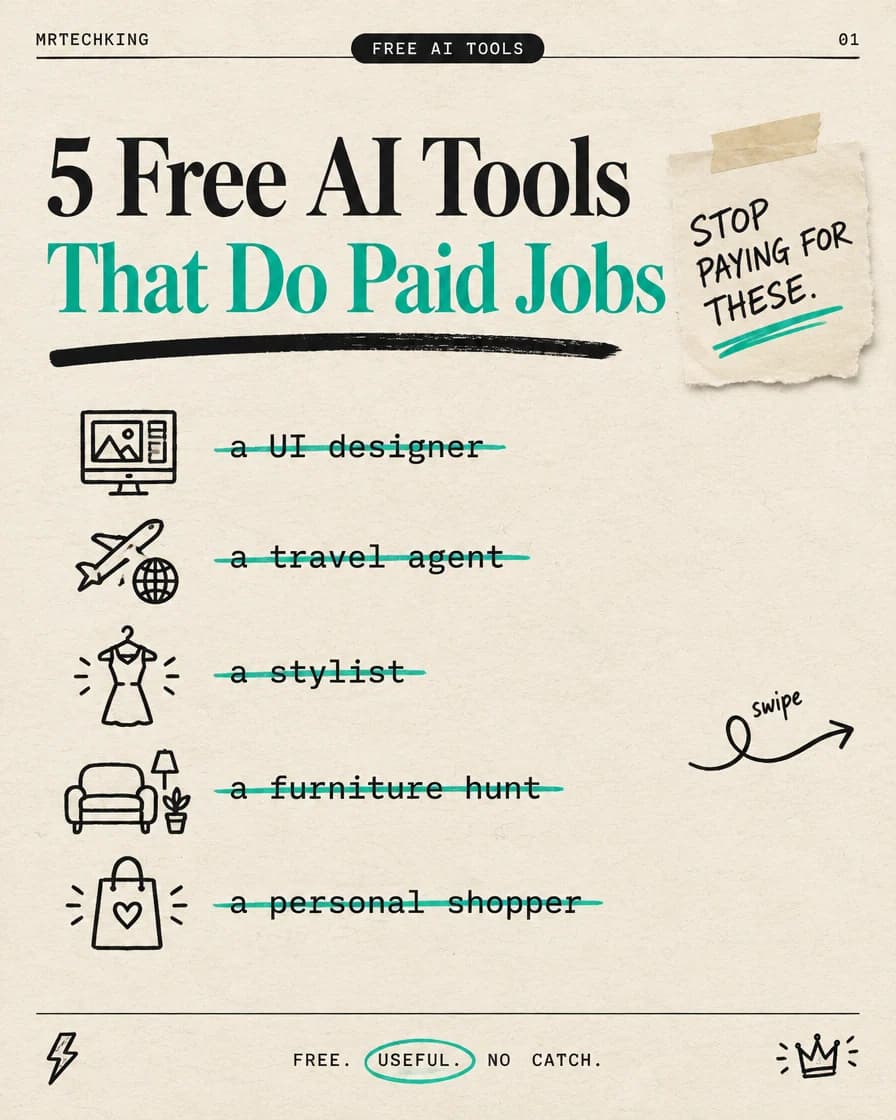 5 free AI tools that do paid jobs: a UI designer, a travel agent, a stylist, a furniture hunt and a personal shopper