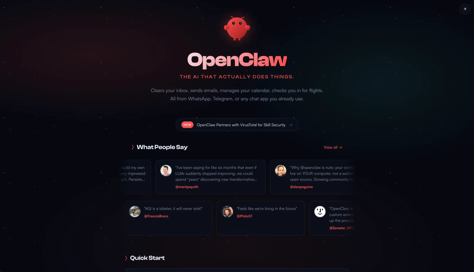 The image shows the hero section of a website for a product called OpenClaw.