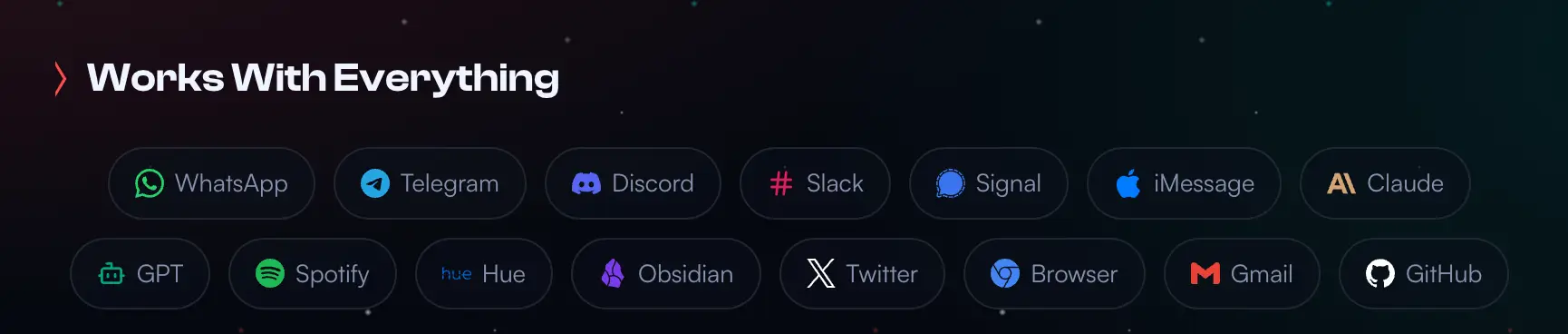 The image shows a dark-themed section of a website highlighting integrations with many apps and services.