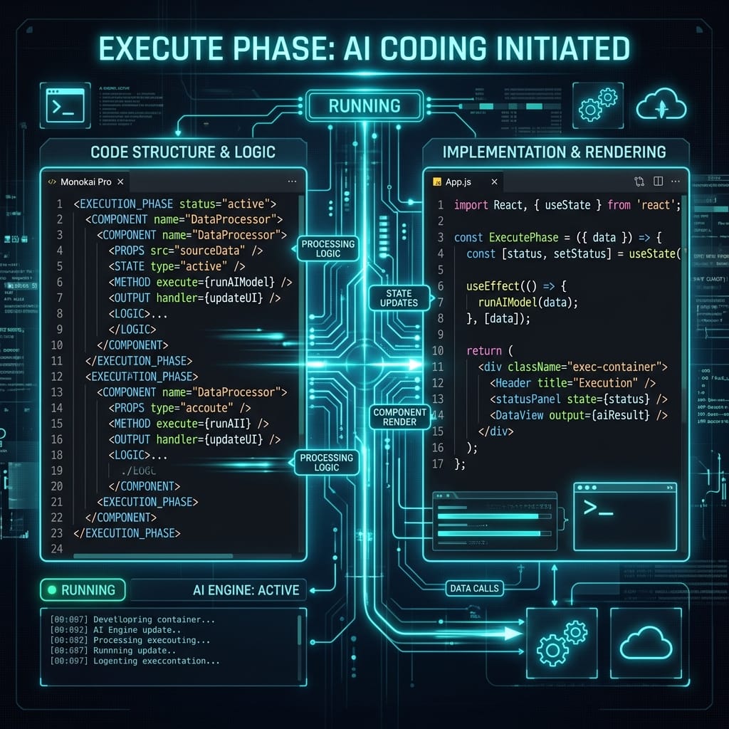 A code editor splitting an XML structured prompt and a generated React component.