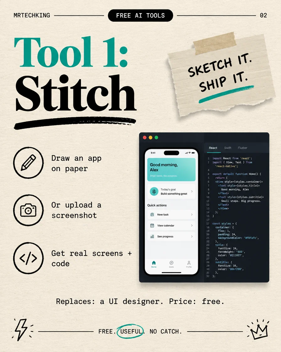 Stitch: draw an app on paper or upload a screenshot and get real screens and code