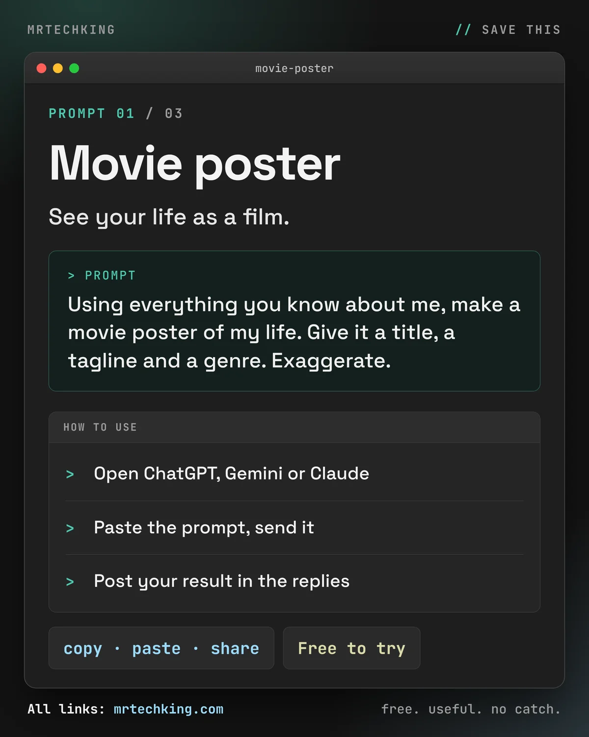 Prompt 1: make a movie poster of my life with a title, a tagline and a genre